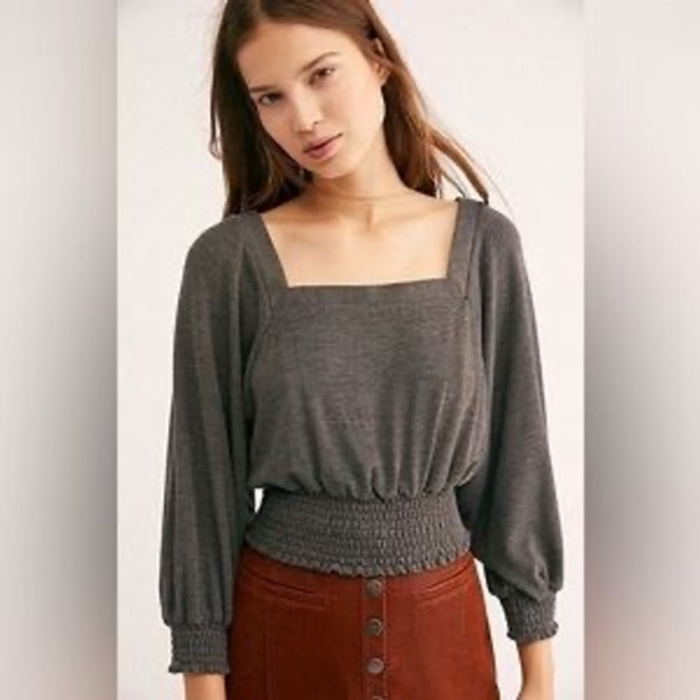Free People Gray Square Neck Smocked Long Sleeve Size XS Boho Feminine Classic